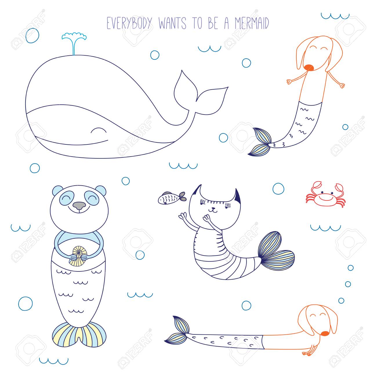 パンダ 本文 海で泳いで ダックスフント ねこ人魚かわいいクジラの描かれたベクトル イラストを手します 白い背景の上の孤立したオブジェクト 子供のためのデザイン コンセプト 塗りつぶされていないアウトライン のイラスト素材 ベクタ Image 4929