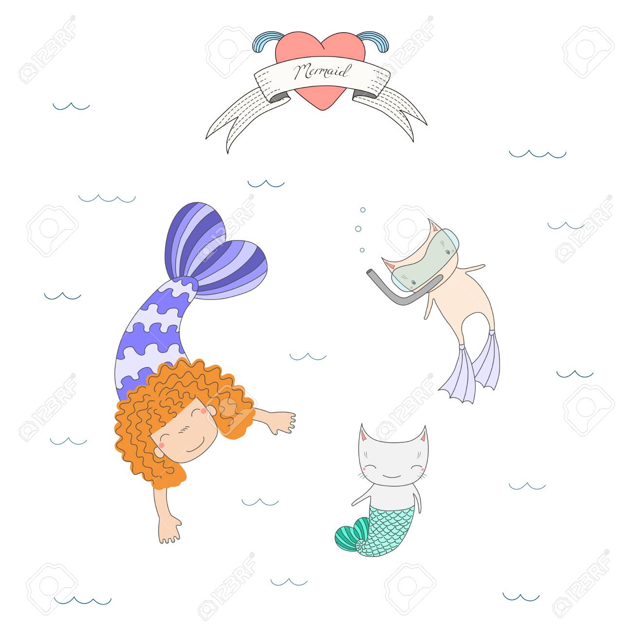 かわいいマーメイド ガールとフィンを泳ぐ 魚の尾を持つ 2 匹の猫の描かれたベクトル イラスト スキューバ ダイビングのマスク 水 心およびテキストの下の手します 白い背景の上の孤立したオブジェクト デザイン コンセプトの子供 のイラスト素材 ベクタ かわいいマーメイド ガールとフィンを泳ぐ 魚の尾を持つ 2 匹の猫の描かれたベクトル イラスト スキューバ ダイビングのマスク 水 心およびテキストの下の手します 白い背景の上の孤立したオブジェクト デザイン コンセプトの子供 のイラスト素材 ベクタ