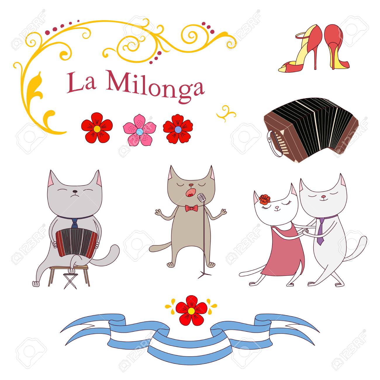 アルゼンチン タンゴ デザイン 描画ベクトル イラスト猫ダンスし歌 バンドネオン 靴は 伝統的なブエノスアイレス Fileteado 装飾演奏の手します 白い背景の上の孤立したオブジェクト のイラスト素材 ベクタ Image 0664