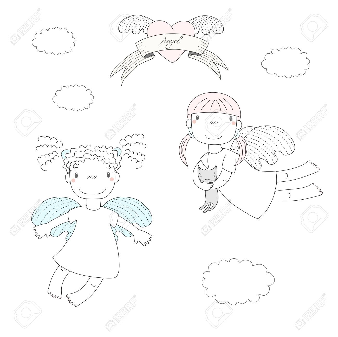 2 つのかわいい小さな天使の女の子 1 つ保持子猫 飛行 翼の心と天使リボン上のテキストの描画ベクトル イラストを手します 白い背景の上の孤立したオブジェクト 子供のためのデザイン コンセプト のイラスト素材 ベクタ Image 00