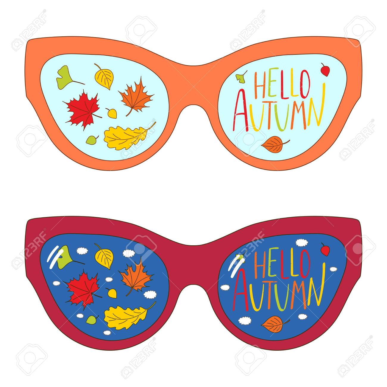 本文こんにちは秋のヴィンテージ眼鏡 秋は紅葉 レンズの中の雲の描画ベクトル イラストを手します 白い背景の上の孤立したオブジェクト 季節の変化のための概念をデザインします のイラスト素材 ベクタ Image 0869
