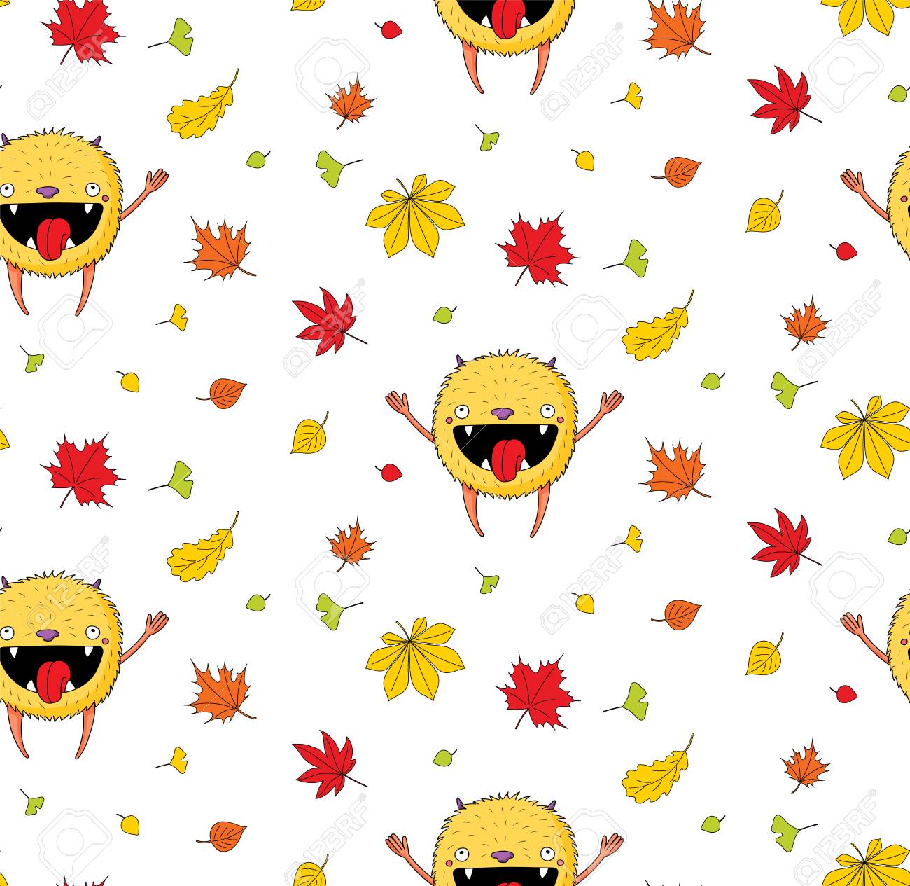 白地に秋の葉の間で喜んでジャンプかわいい小さな怪物と手描きのかわいいシームレスな背景パターン 子供の繊維印刷 壁紙 包装紙のデザイン コンセプト のイラスト素材 ベクタ Image 0940