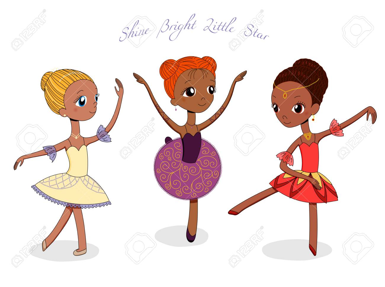 手の種類のポーズや色のかわいい小さなバレリーナ女の子の描かれたベクトル イラスト 本文輝く明るい星 白い背景の上の孤立したオブジェクト 子供たちのダンスのデザイン コンセプト のイラスト素材 ベクタ Image 0999
