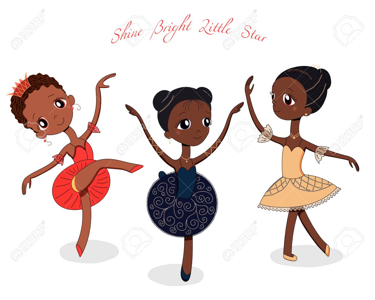 手の種類のポーズや色のかわいい小さなバレリーナ女の子の描かれたベクトル イラスト 本文輝く明るい星 白い背景の上の孤立したオブジェクト 子供たちのダンスのデザイン コンセプト のイラスト素材 ベクタ Image 1056