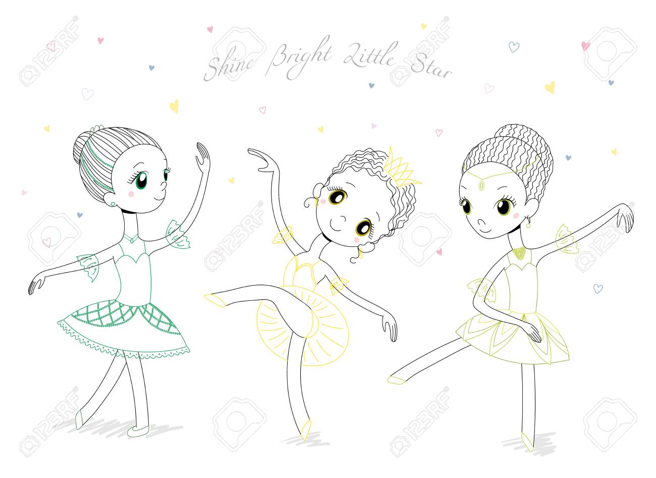 手の種類のポーズや色のかわいい小さなバレリーナ女の子の描かれたベクトル イラスト 本文輝く明るい星 白い背景の上の孤立したオブジェクト 子供たちのダンスのデザイン コンセプト のイラスト素材 ベクタ Image 1152