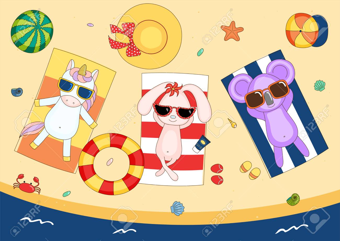 Illustration Vectorielle Dessinés à La Main Dune Licorne Mignonne Lapin Et Koala à Lunettes De Soleil Sur La Plage Allongé Sur Des Serviettes