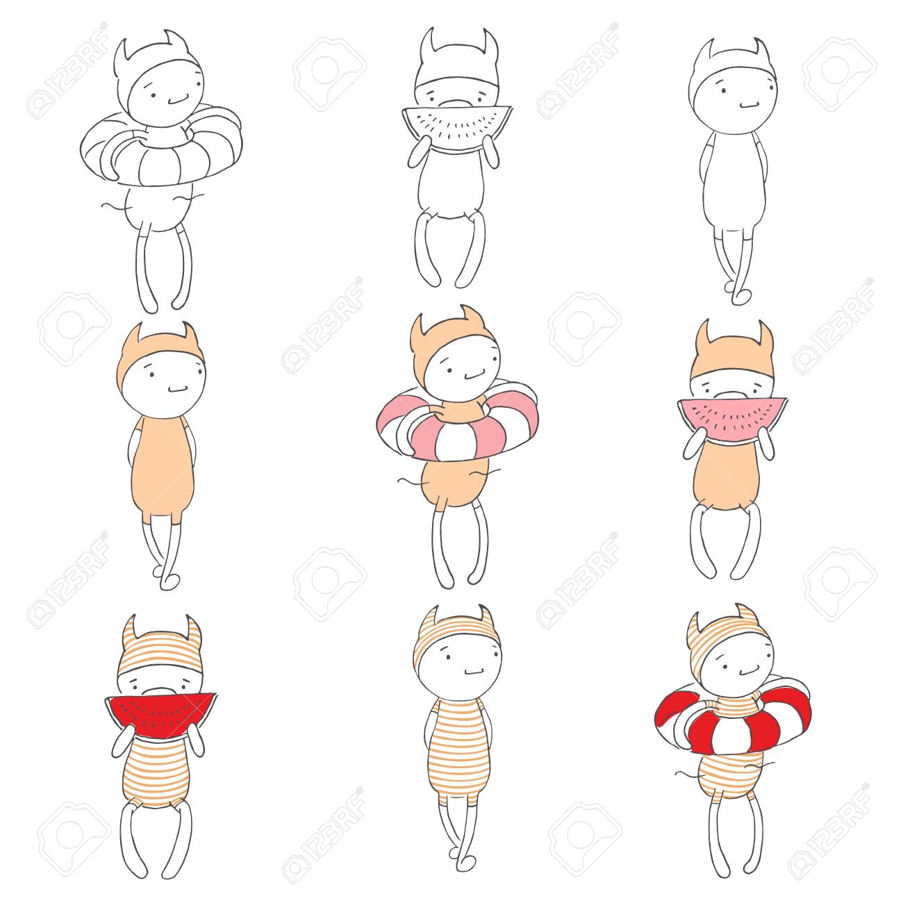 ジャンプ スーツと帽子 散歩 水泳 スイカを食べることで面白い漫画のキャラクターの手描きのベクトルのセットです 子供 ポスター ステッカー T シャツ 織物印刷のためのデザイン要素です のイラスト素材 ベクタ Image 1392