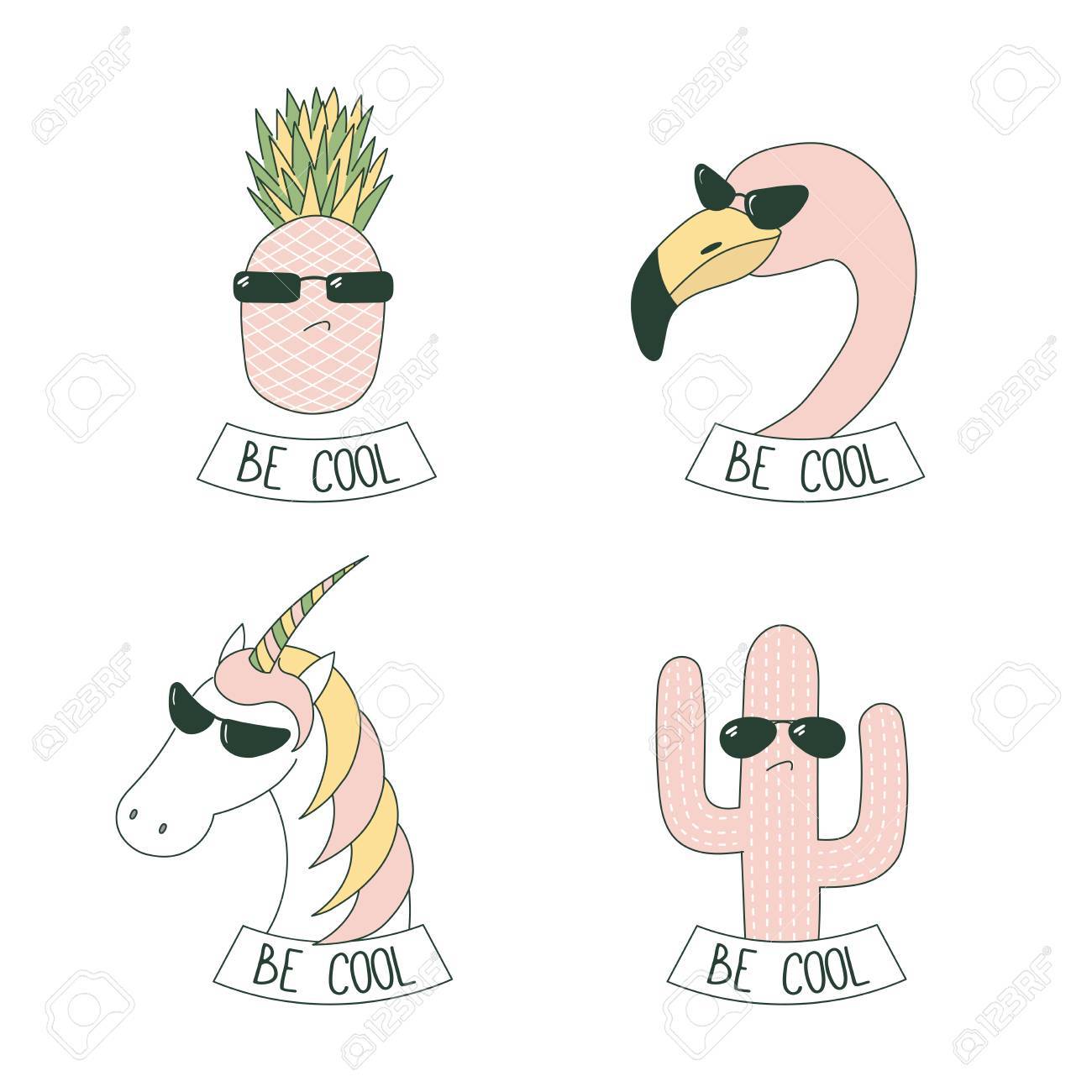 Ensemble D Autocollants Droles Mignons Dessines A La Main En Rose Avec Flamant Licorne Ananas Et Cactus Portant Des Lunettes De Soleil Avec Texte Soyez Cool Objets Isoles Sur Fond Blanc Concept Design