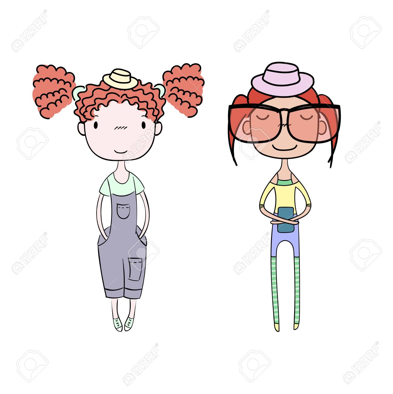 T シャツ レギンス ショート パンツ デニムのオーバー オールでの異なる髪の 2 つのかわいいトレンディな女の子の描かれたベクトル イラストを手します 白い背景の上の孤立したオブジェクト 子供のためのデザイン コンセプト のイラスト素材 ベクタ Image