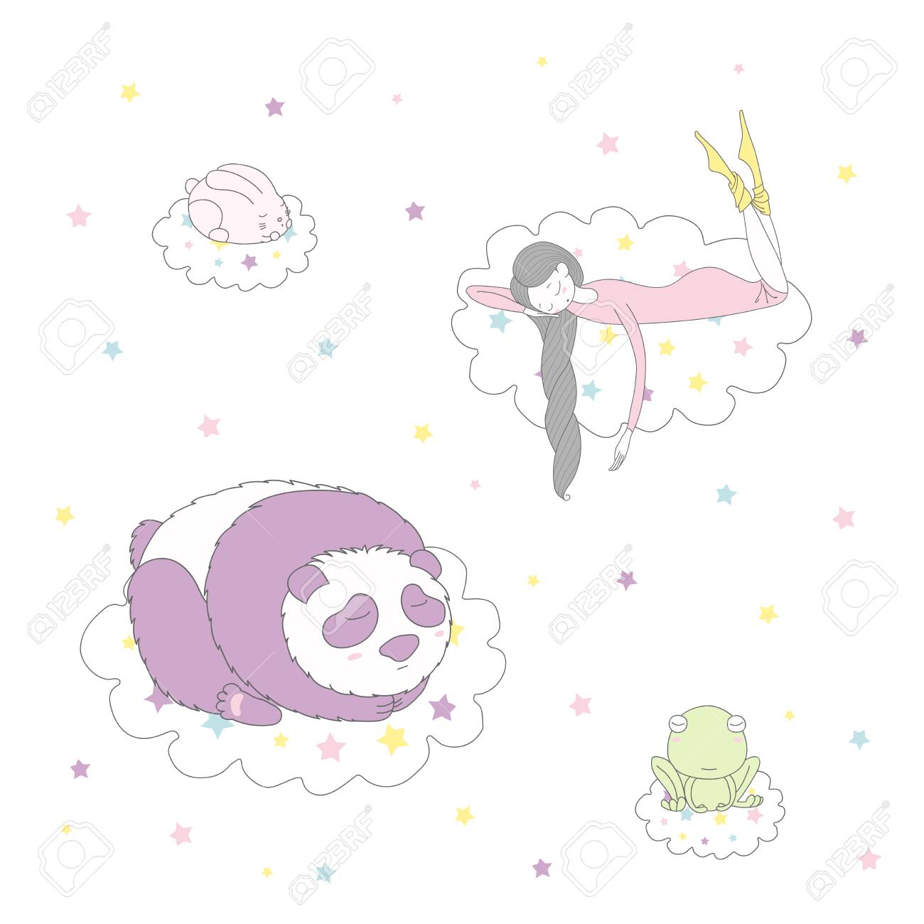 寝ている星の間雲に浮かぶ長い編み髪のかわいい面白いウサギ パンダ カエルと女の子の描かれたベクトル イラストを手します 白い背景の上の孤立したオブジェクト デザイン コンセプトの子供 のイラスト素材 ベクタ Image 1900