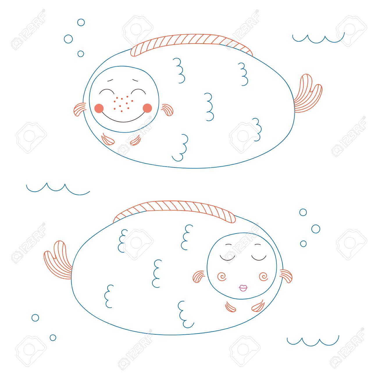 海に泳ぎにかわいい顔の丸みを帯びた面白い脂肪魚のベクトル イラストを手描き 白い背景の上の塗りつぶされていないアウトライン 子供のためのデザイン コンセプト のイラスト素材 ベクタ Image 1991