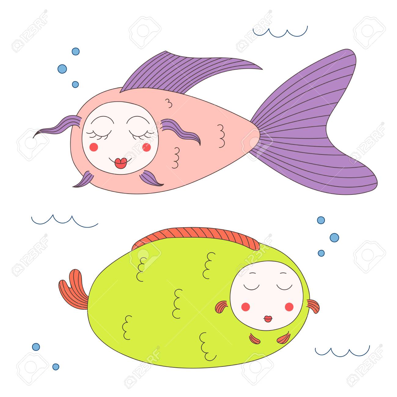 面白い魚の水中の海で泳いで 別の表現でかわいい顔でのベクトル イラストを手描き 白い背景の上の孤立したオブジェクト 子供のためのデザイン コンセプト の イラスト素材 ベクタ Image 1993