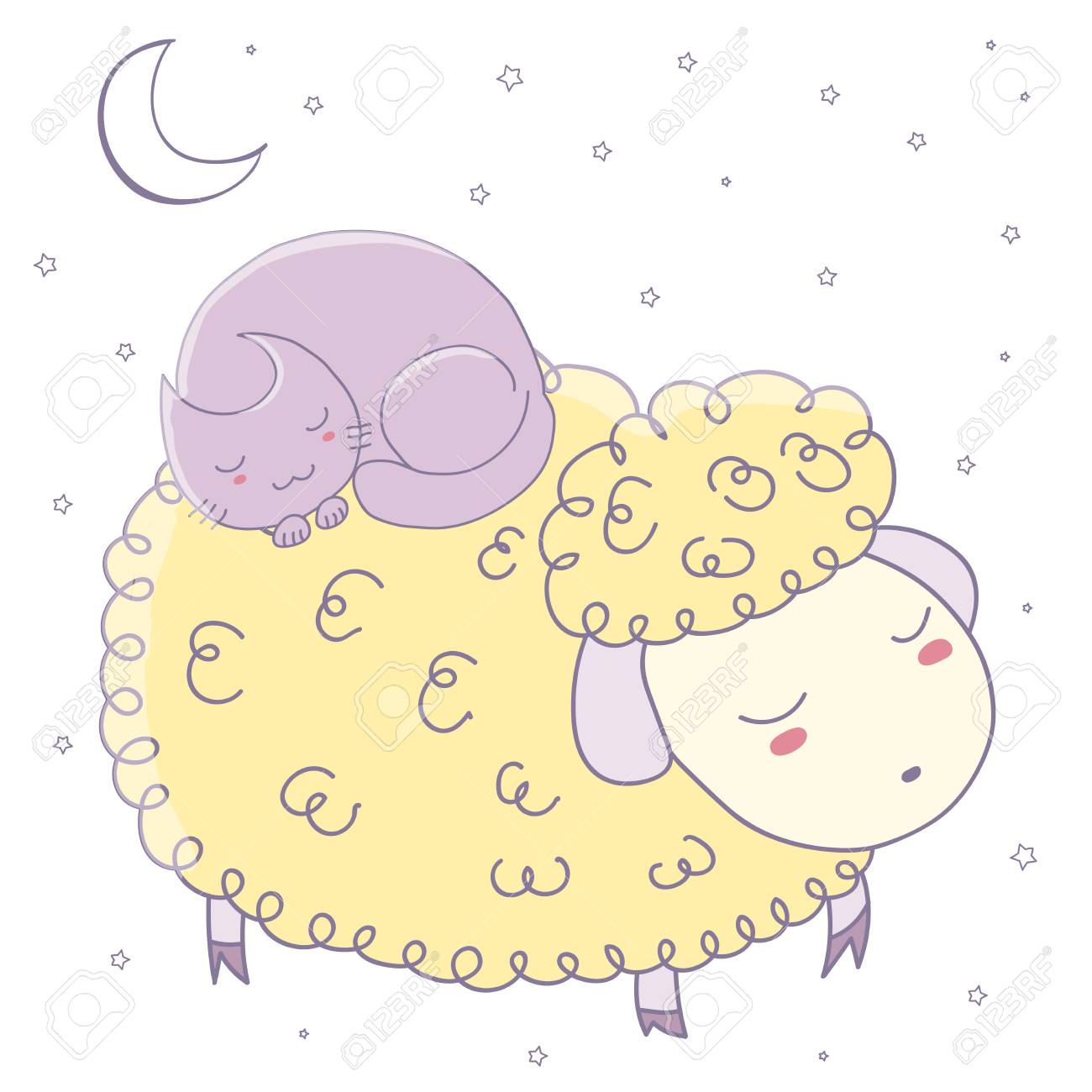 かわいい睡眠羊の描画ベクトル イラストを手し 月と星と猫をカールします 白い背景の上の孤立したオブジェクト 子供たちのポストカード ポスター T シャツ プリントのデザイン コンセプト のイラスト素材 ベクタ Image 29