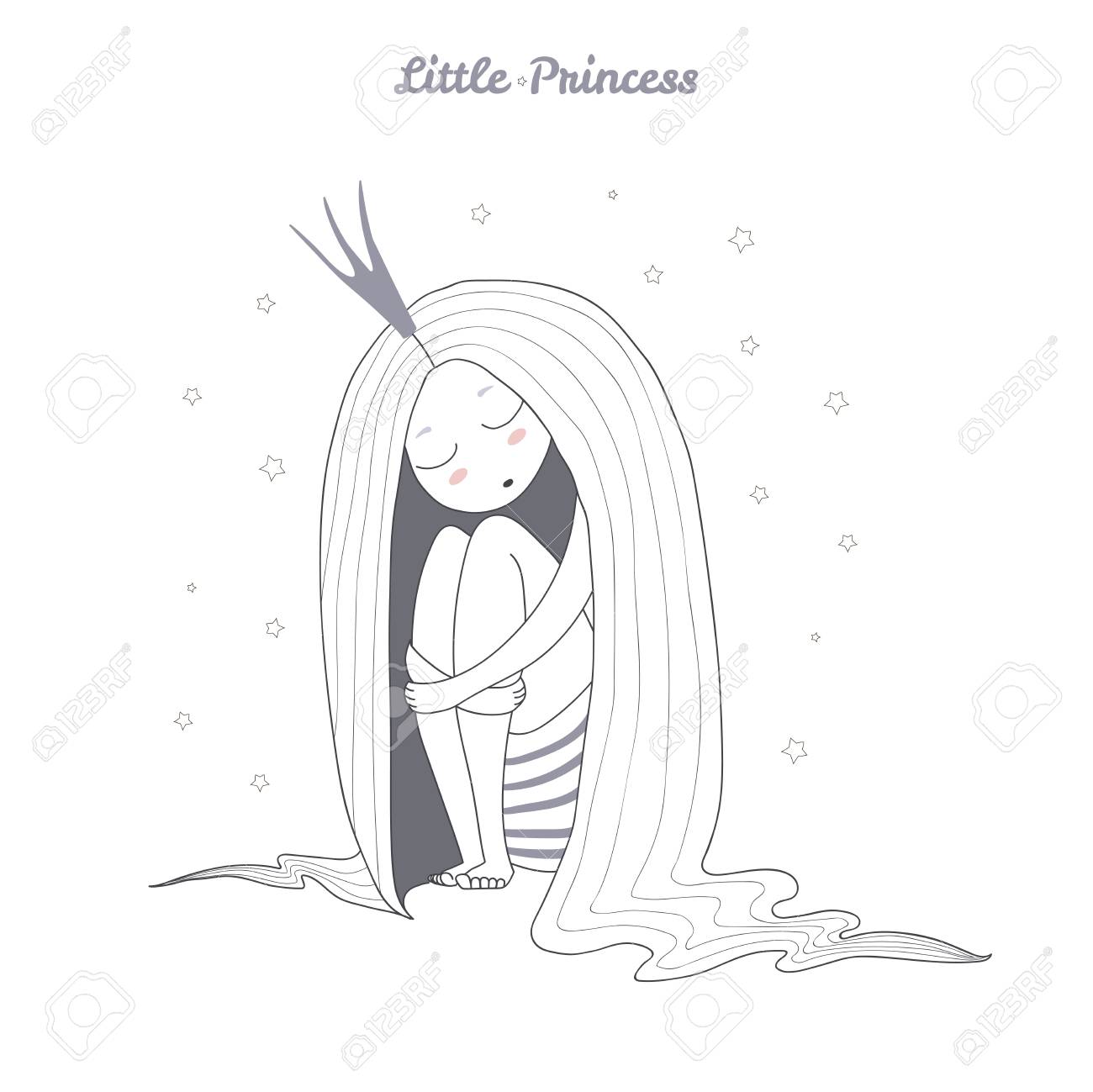 座って、本文リトル プリンセス クラウンで長い髪の少し眠っている王女の描画ベクトル イラストを手します。白い背景の上の孤立したオブジェクト。女の子のためのデザイン コンセプト。