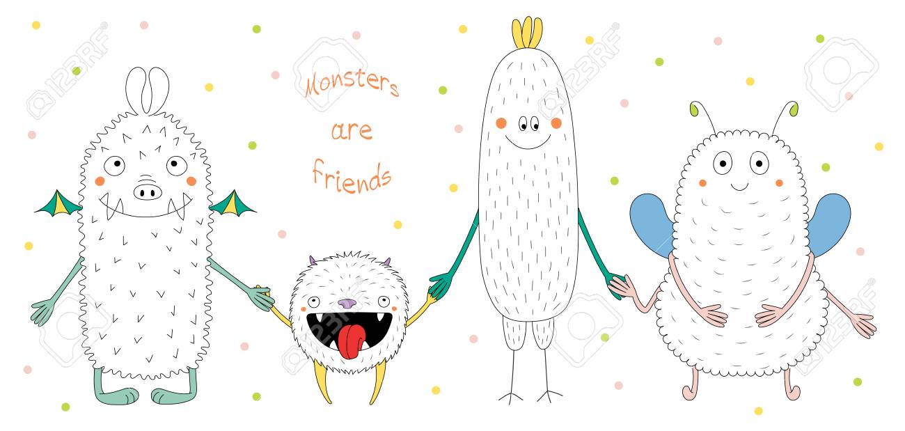 笑顔かわいい面白いモンスターの描かれたベクター イラストを手し モンスターたちは本文と手をつないでします 水玉模様の白い背景の上の孤立したオブジェクト 子供のためのデザイン コンセプト のイラスト素材 ベクタ Image 85