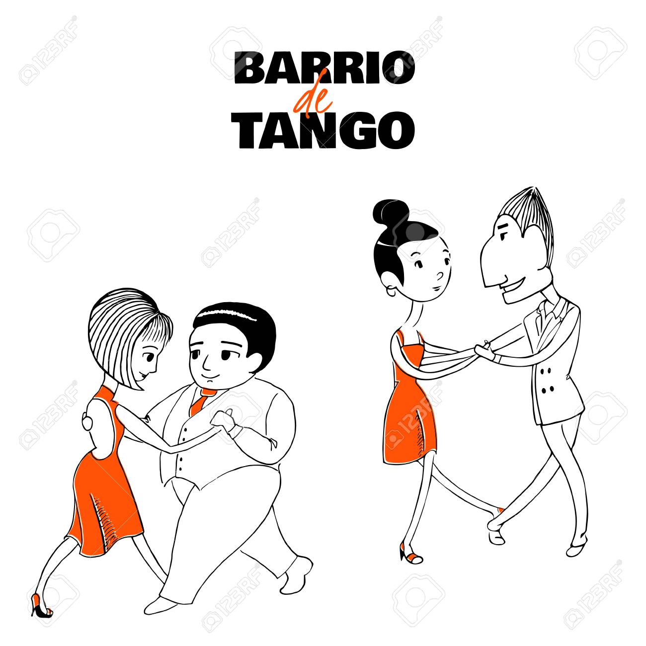 2 つのスペイン語のテキスト バリオ デ タンゴ カップルのダンスは 丹後地方を意味の手描きベクトル イラスト デザイン コンセプト ポスター ポストカード ミロンガ タンゴ フェスティバルやプロモーション資料を学校します のイラスト素材 ベクタ Image