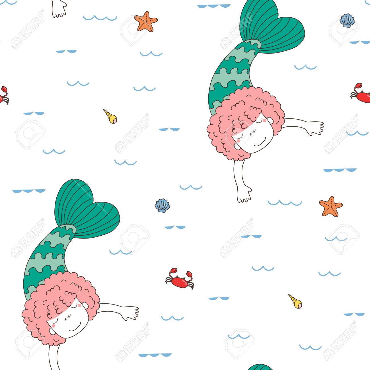 水泳海 波 貝 カニ ヒトデ 白地にかわいい面白い人魚の女の子と手描きのシームレスな背景パターン のイラスト素材 ベクタ Image 水泳海 波 貝 カニ ヒトデ 白地にかわいい面白い人魚の女の子と手描きのシームレスな背景パターン のイラスト素材 ベクタ Image
