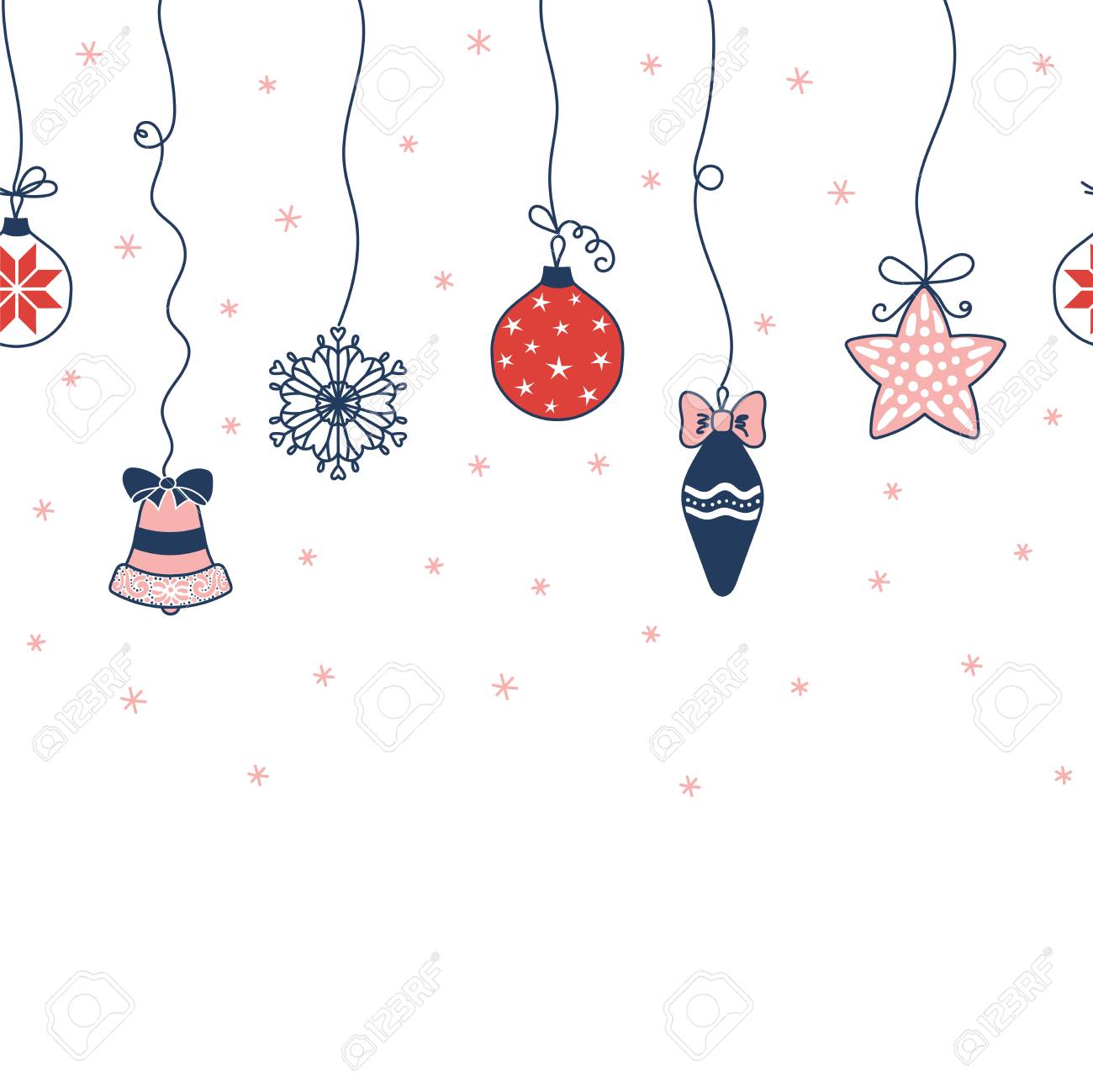 Disegno A Mano Senza Soluzione Di Continuità Vettoriale Orizzontale Con Ornamenti Di Natale Appeso Dalla Parte Superiore Fiocchi Di Neve Su Uno