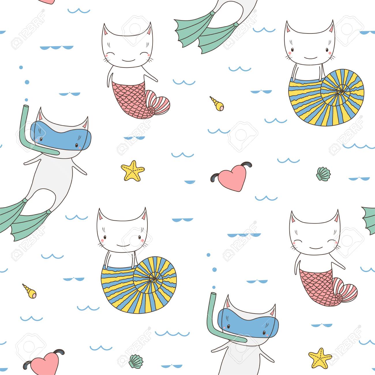 手描きは 水の下でかわいい面白い猫 魚の尾 海の殻で 水泳のフィンとスキューバマスクでシームレスなベクトルパターンを描画しました キッズテキスタイルプリント 壁紙 ラッピングペーパーのデザインコンセプト のイラスト素材 ベクタ Image 手描きは 水の下でかわいい面白い猫 魚の尾 海の殻で 水泳のフィンとスキューバマスクでシームレスなベクトルパターンを描画しました キッズテキスタイルプリント 壁紙 ラッピングペーパーのデザインコンセプト のイラスト素材 ベクタ Image
