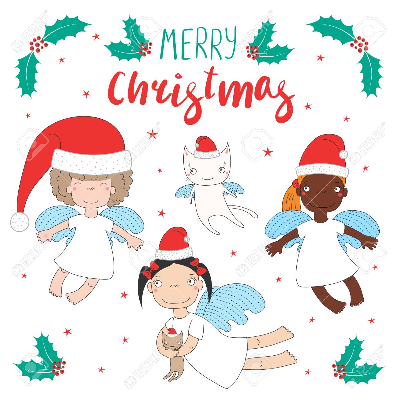 Carte De Voeux De Noël Dessinés à La Main Avec Des Anges De Dessin Animé Mignon Chat Chapeaux De Père Noël Objets Isolés Sur Fond Blanc