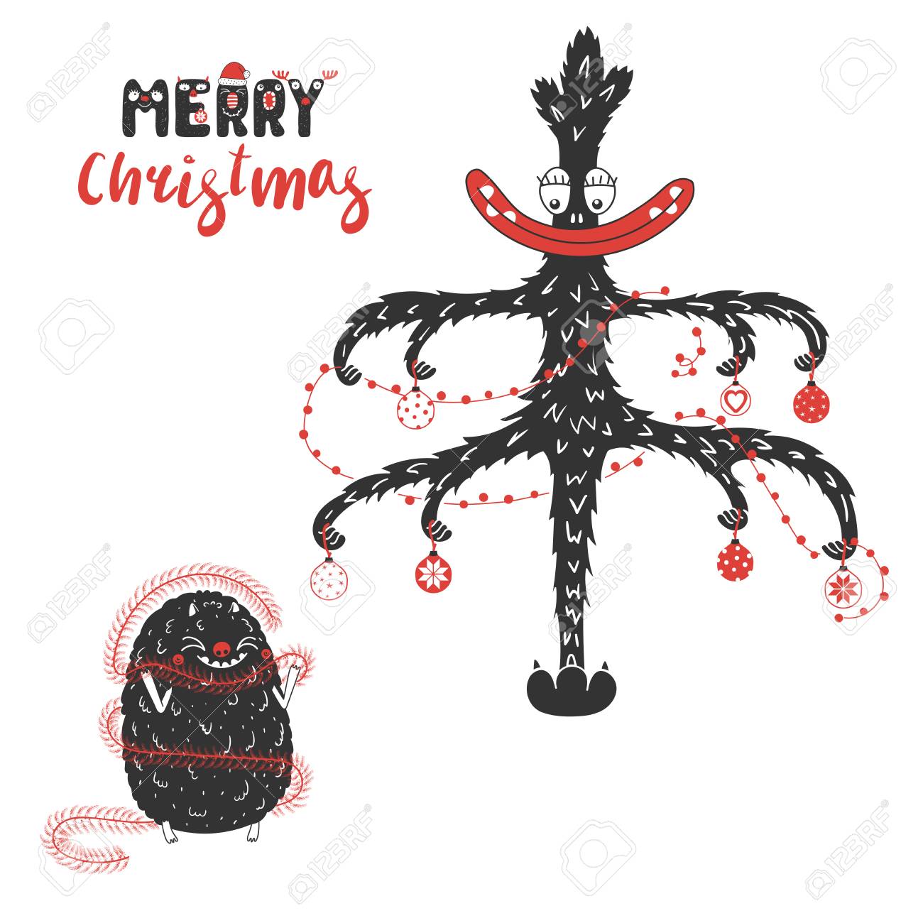 見掛け倒しに包まれたモンスターを笑顔かわいい面白いクリスマス ツリーと手描きのグリーティング カード 白い背景の上の孤立したオブジェクト デザイン コンセプトの子供のための冬の休日 ベクトルの図 のイラスト素材 ベクタ Image