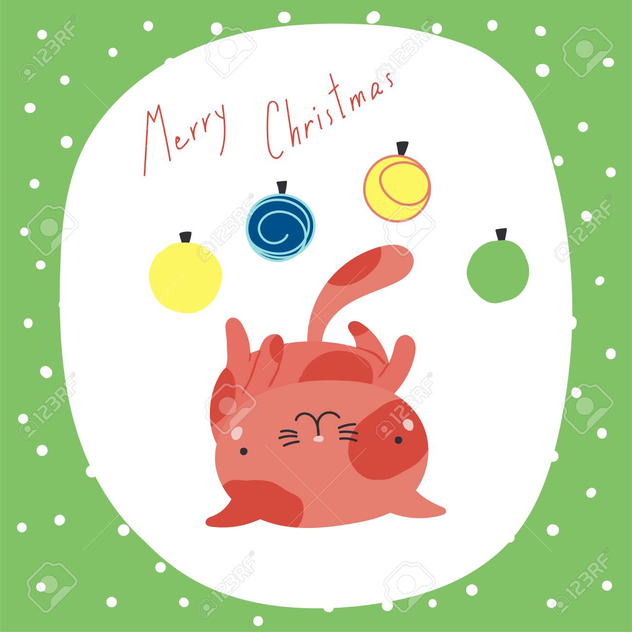 Carte De Voeux Dessines A La Main Avec Chat Mignon Drole De Bande Dessinee Couche Sur Son Dos Avec Des Boules De Noel Citation Objets Isoles Sur Fond Blanc Illustration Vectorielle Concept