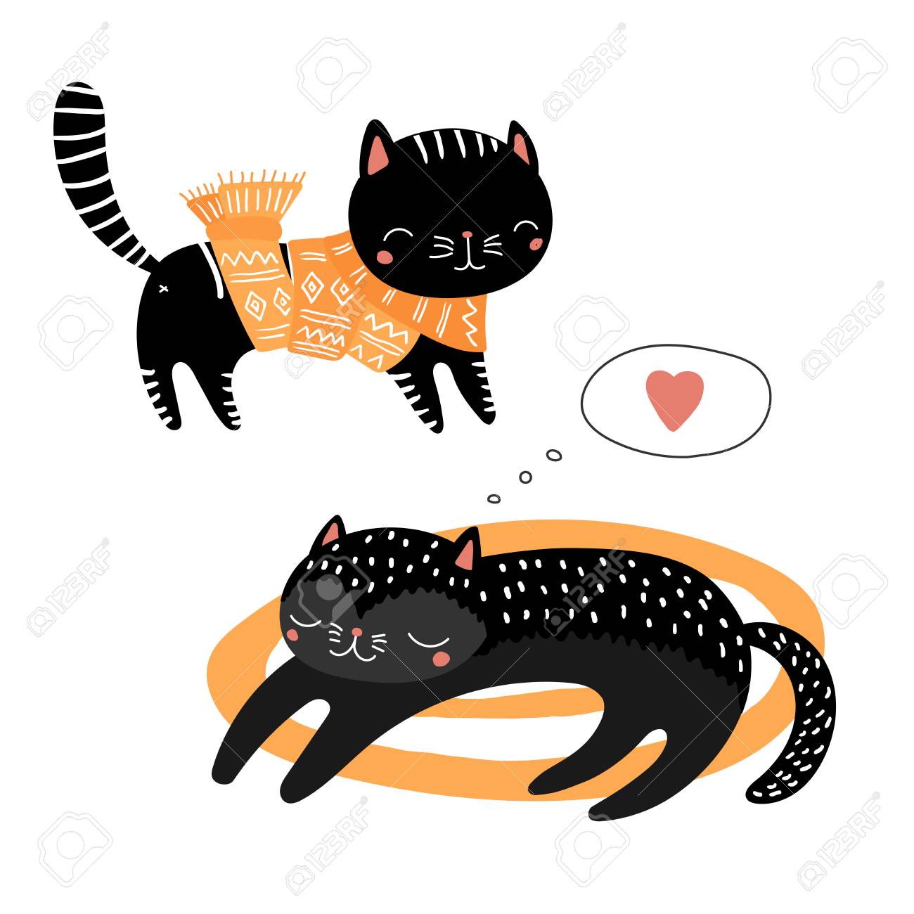 Carte De Noël Dessinés à La Main Avec Des Chats Noirs Mignons Drôles De Bande Dessinée, Dormant Sur Un Tapis, Dans Un Silencieux, Citation.