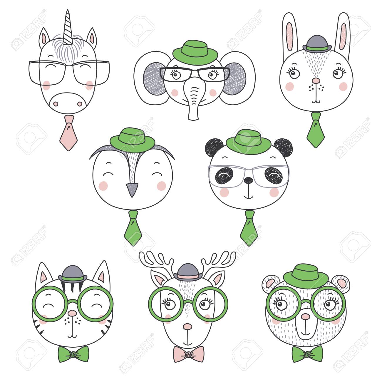 猫 クマ パンダ バニー 鹿 ユニコーン フクロウ ネクタイや帽子の象の男の子の手描きかわいい 面白い肖像画のセット 白い背景に分離されたオブジェクト ベクトルイラスト デザインコンセプトの子供たち のイラスト素材 ベクタ Image