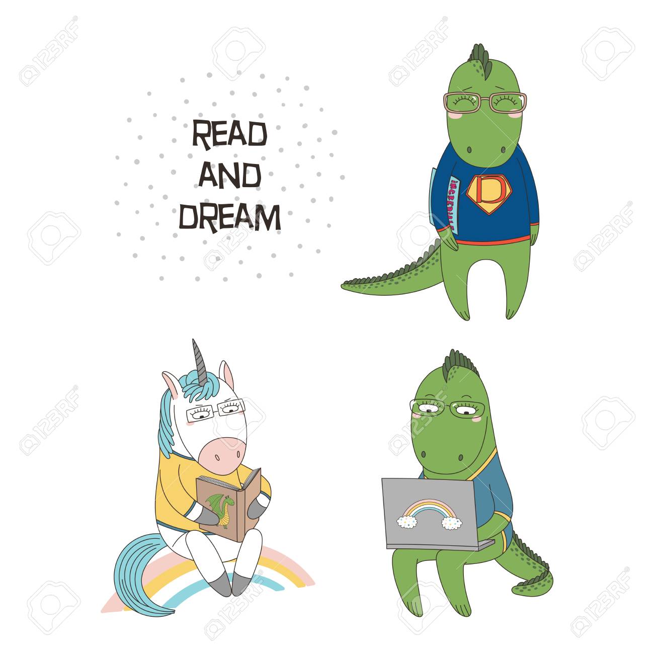本を読んでかわいい面白い漫画のベクトルイラスト メガネのドラゴン ラップトップコンピュータ 漫画 テキストで描かれました 分離されたオブジェクト デザインコンセプトの子供たち オタク文化 のイラスト素材 ベクタ Image