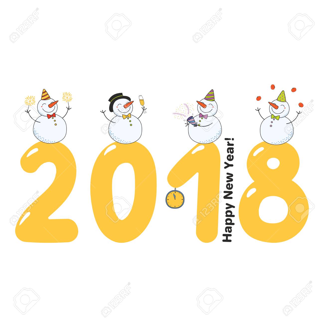 Mao Desenhada Feliz Ano Novo 2018 Cartao De Felicitacoes Modelo De Banner Com Bonecos De Neve Bonito Desenho Animado Em Pe Sobre Grandes Numeros Tipografia Objetos Isolados Ilustracao Vetorial Conceito De Design