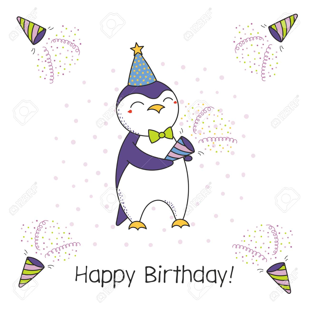 Hand Drawn Happy Birthday Greeting Card With Cute Funny Cartoon