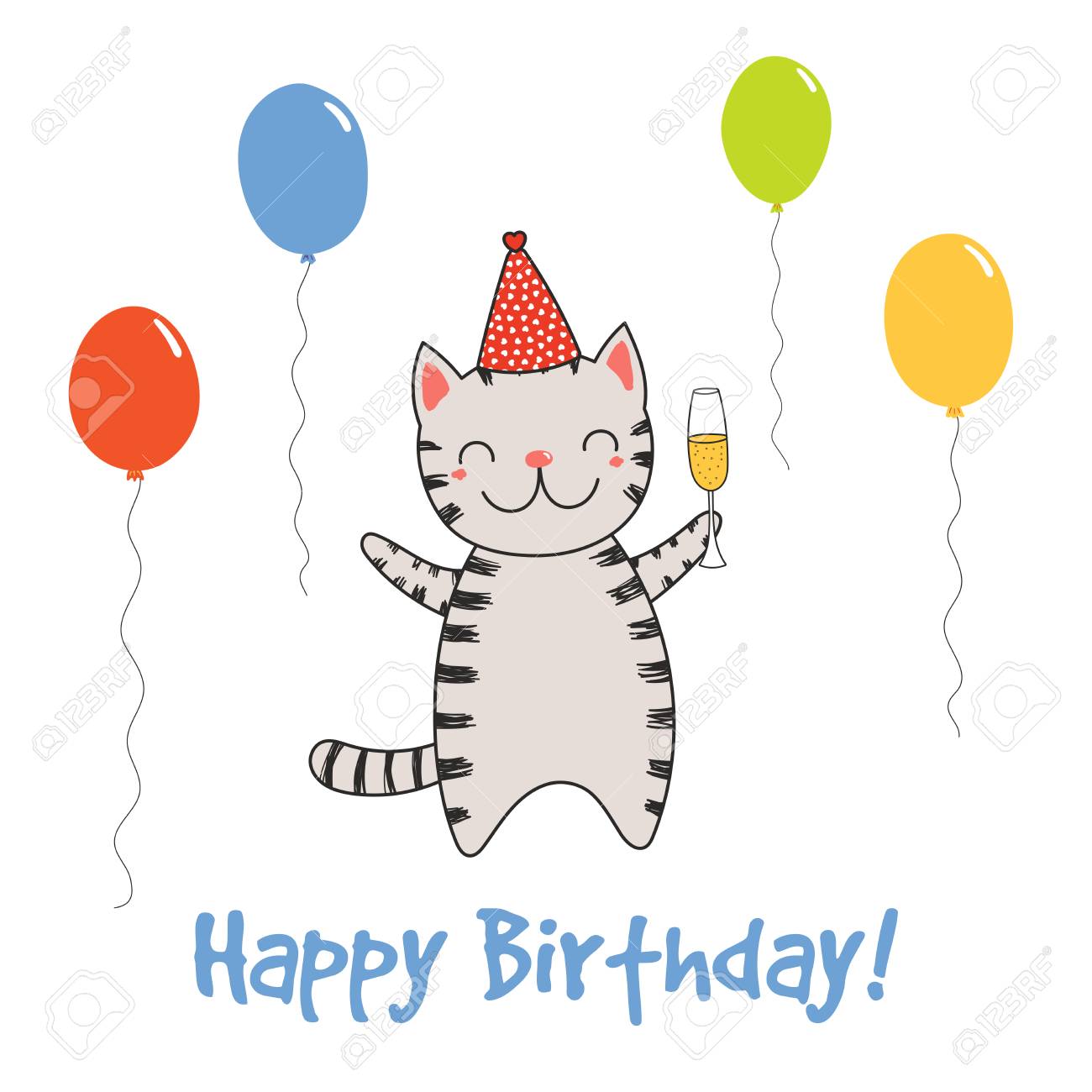 Hand Drawn Happy Birthday Greeting Card With Cute Funny Cartoon ...