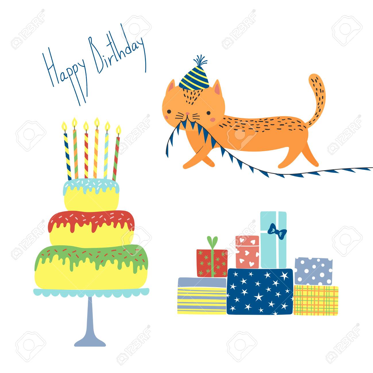 Carte De Voeux De Joyeux Anniversaire Dessinee A La Main Avec Un Chat Mignon De Bande Dessinee Drole Avec Un Chapeau De Fete Un Gateau Des Cadeaux Du Texte Objets Isoles Sur