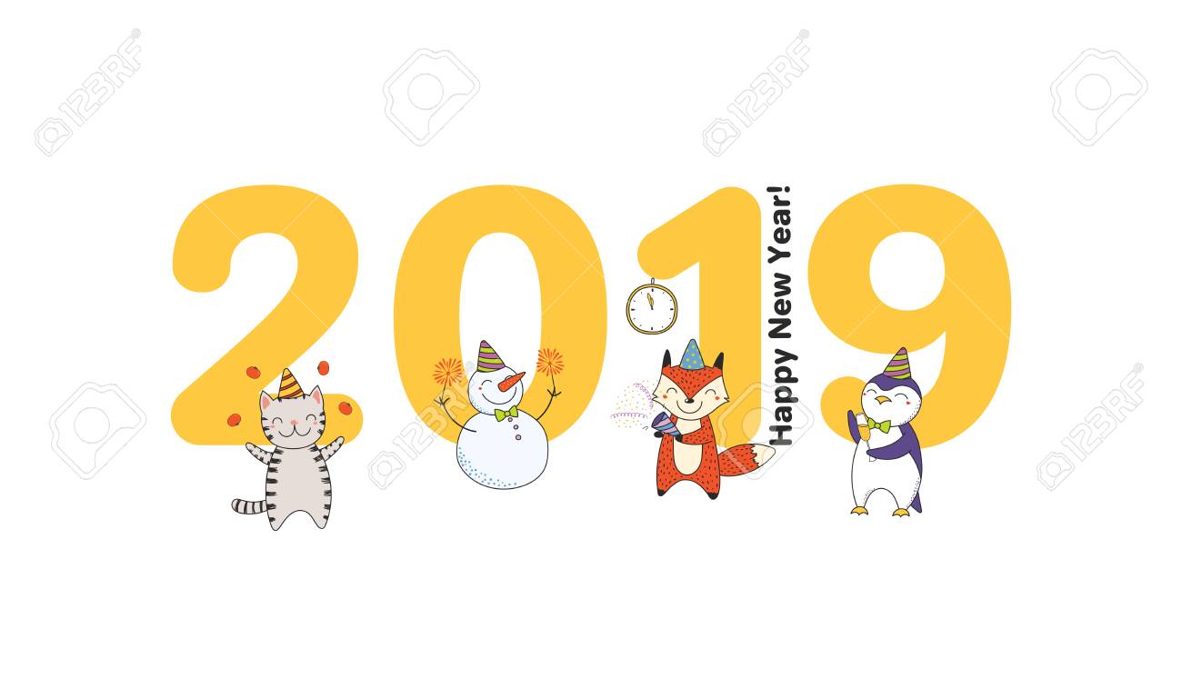 Carte De Voeux De Nouvel An 19 Dessines A La Main Modele De Banniere Avec De Grands Nombres Animaux De Dessin Anime Drole Mignon Celebrant Typographie Objets Isoles Illustration Vectorielle Concept De