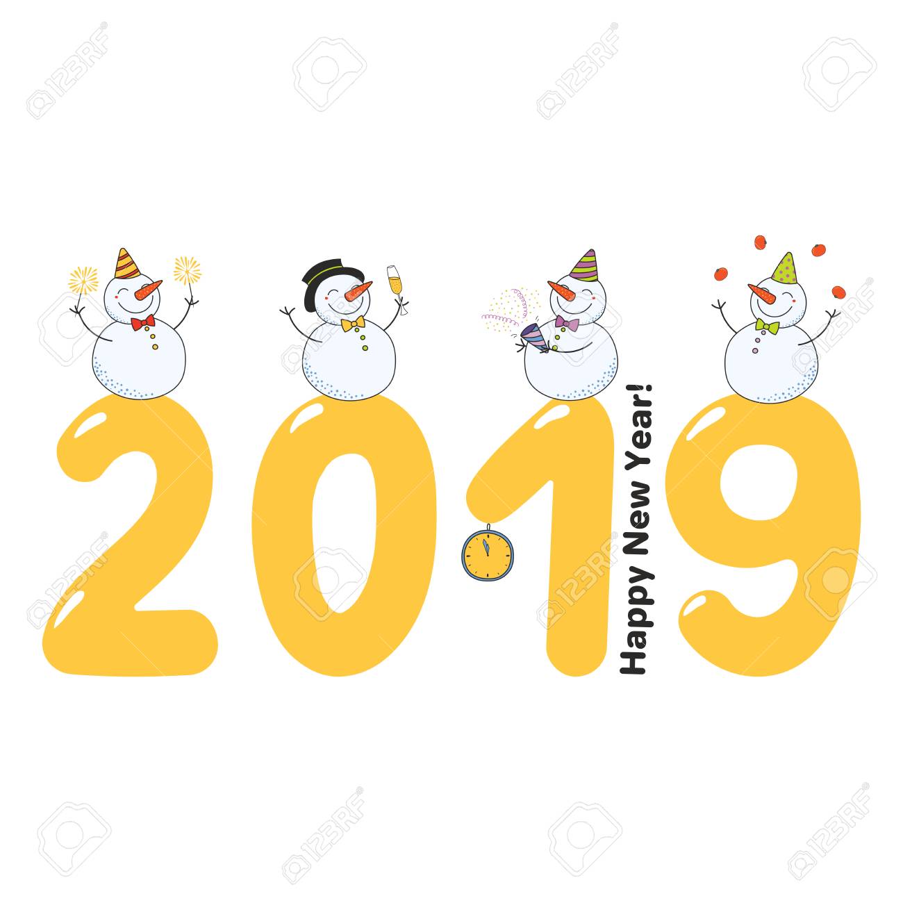 Carte De Voeux De Bonne Annee 19 Dessines A La Main Modele De Banniere Avec Des Bonhommes De Neige De Dessin Anime Drole Mignon Sur De Grands Nombres Celebrant Texte Objets Isoles