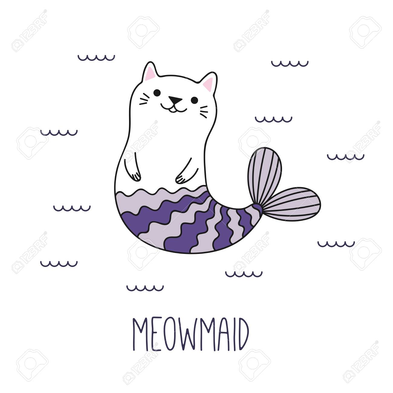 海で泳ぐ可愛い面白い猫人魚の手描きベクトルイラスト 白い背景に分離されたオブジェクト 線画 子供の印刷のためのデザインコンセプト のイラスト素材 ベクタ Image