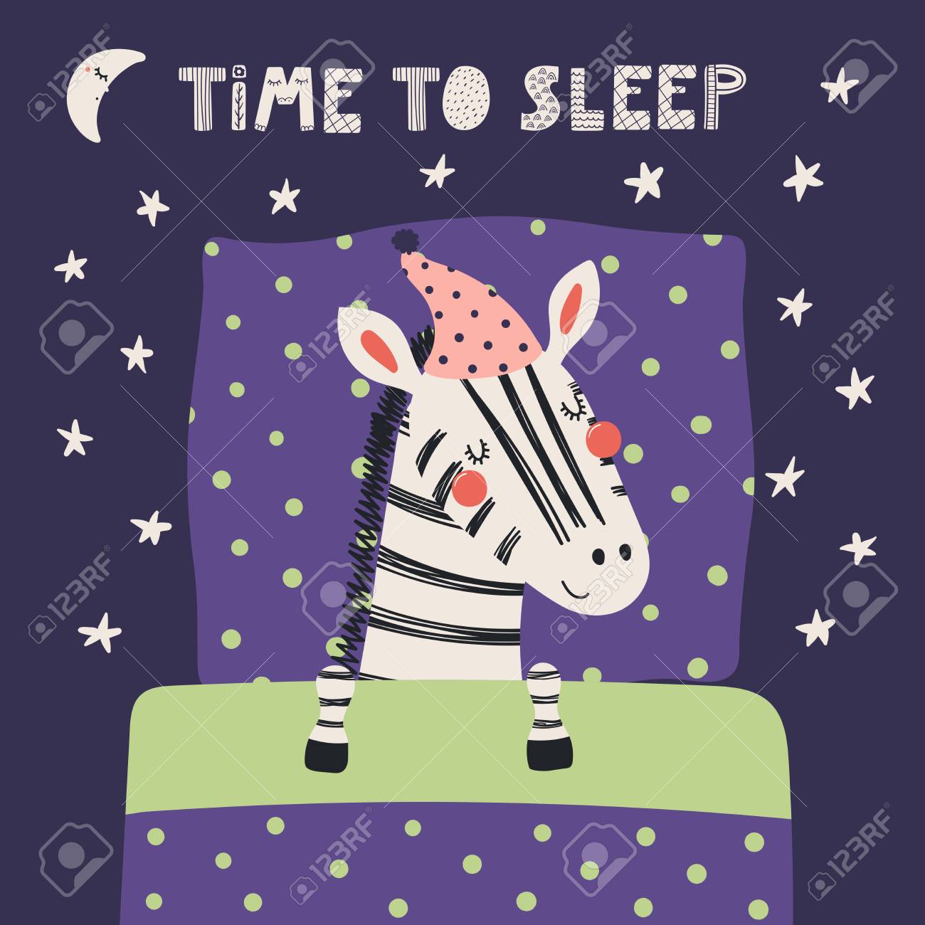 Hand drawn vector illustration of a cute funny sleeping zebra in a nightcap, with pillow, blanket, quote Time to sleep. Isolated objects. Scandinavian style flat design. Concept for children print. - 98629772 Hand drawn vector illustration of a cute funny sleeping zebra in a nightcap, with pillow, blanket, quote Time to sleep. Isolated objects. Scandinavian style flat design. Concept for children print. - 98629772