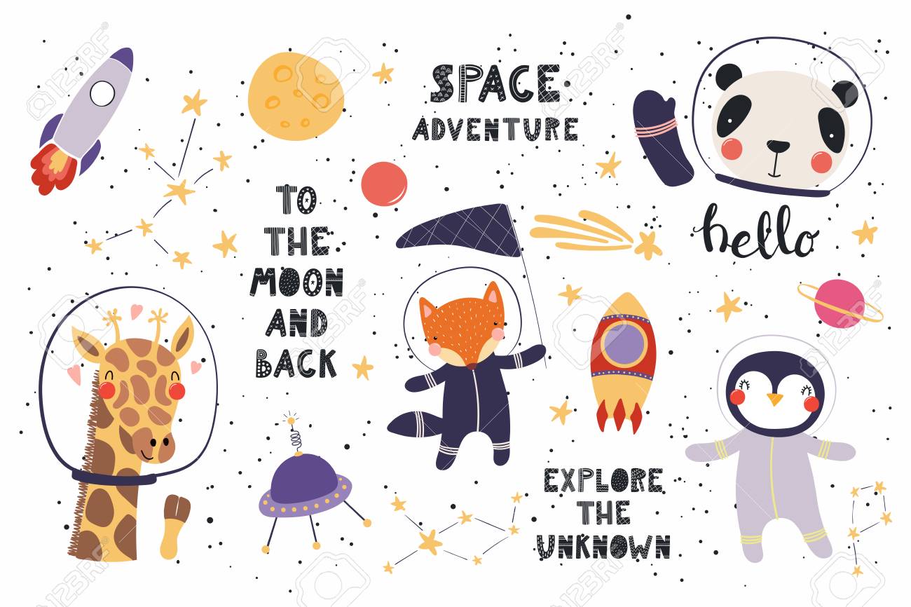 Big set of cute funny animal astronauts in space, with planets, stars, quotes. Isolated objects on white background. Vector illustration. Scandinavian style flat design. Concept for children print. - 100322569 Big set of cute funny animal astronauts in space, with planets, stars, quotes. Isolated objects on white background. Vector illustration. Scandinavian style flat design. Concept for children print. - 100322569