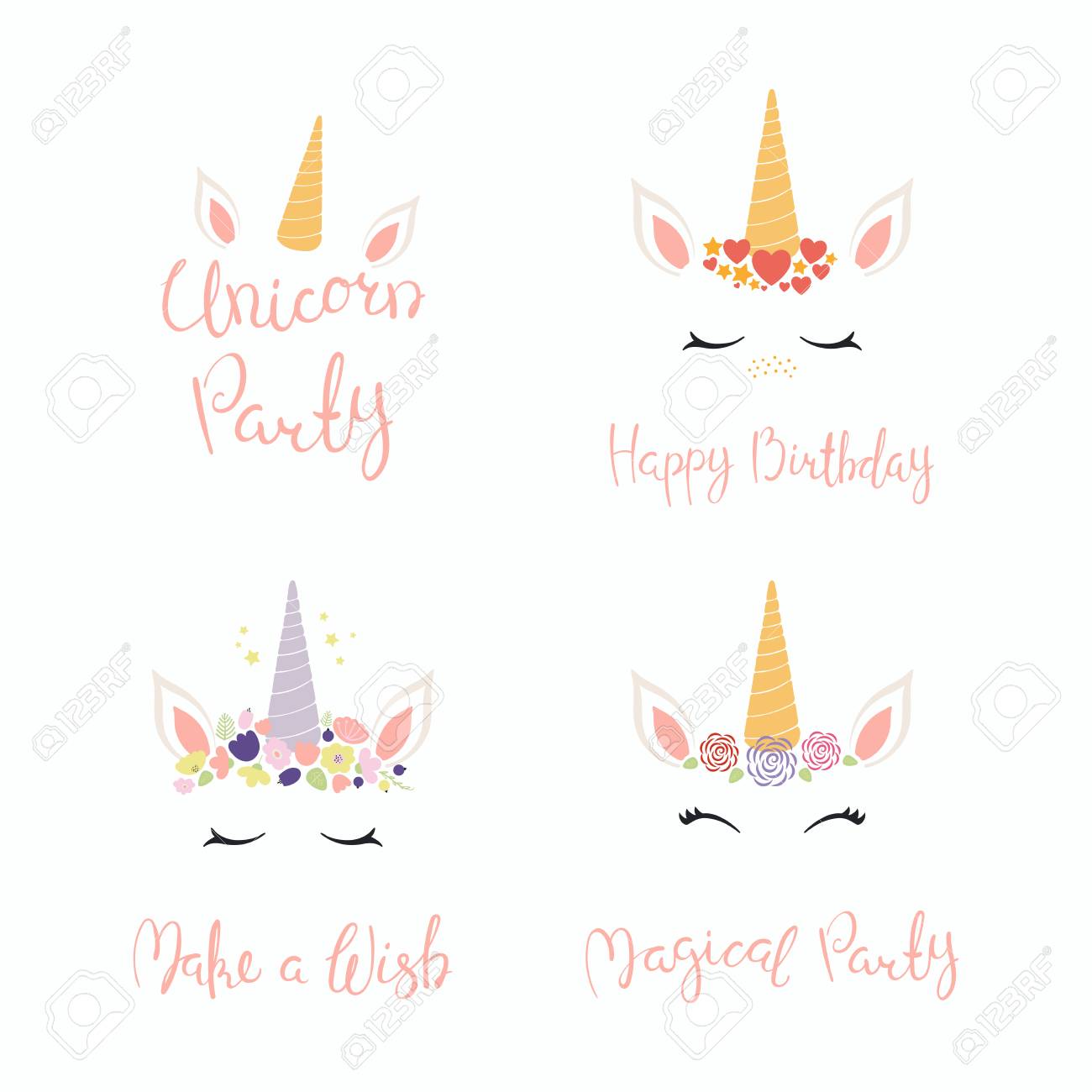 Set of hand written birthday lettering quotes, with cute unicorn faces. Isolated objects on white background. Vector illustration. Design concept for banner, invitation, greeting card. - 100981884 Set of hand written birthday lettering quotes, with cute unicorn faces. Isolated objects on white background. Vector illustration. Design concept for banner, invitation, greeting card. - 100981884