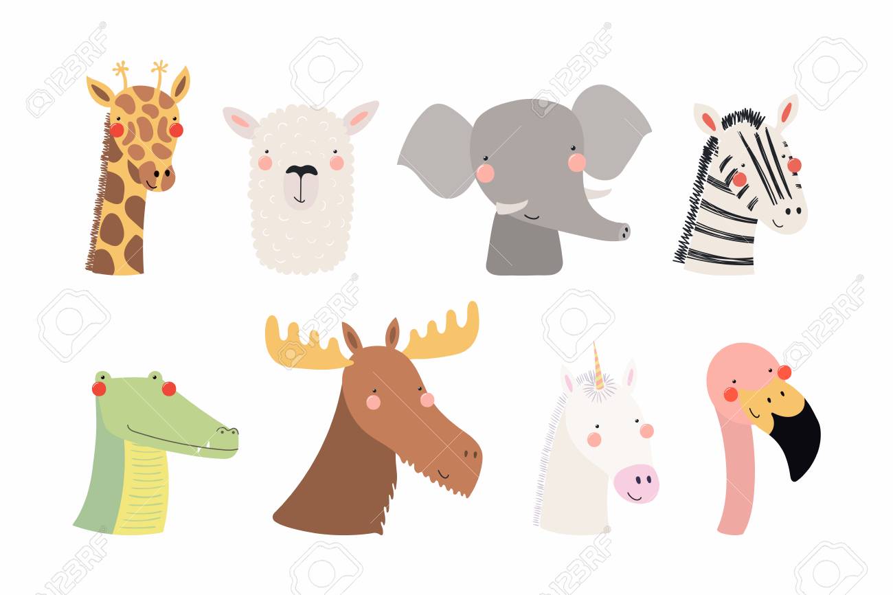 Set of cute funny animals unicorn, zebra, llama, flamingo, giraffe, moose, crocodile, elephant. Isolated objects on white . Vector illustration. Scandinavian style flat design Concept children print - 102161080 Set of cute funny animals unicorn, zebra, llama, flamingo, giraffe, moose, crocodile, elephant. Isolated objects on white . Vector illustration. Scandinavian style flat design Concept children print - 102161080