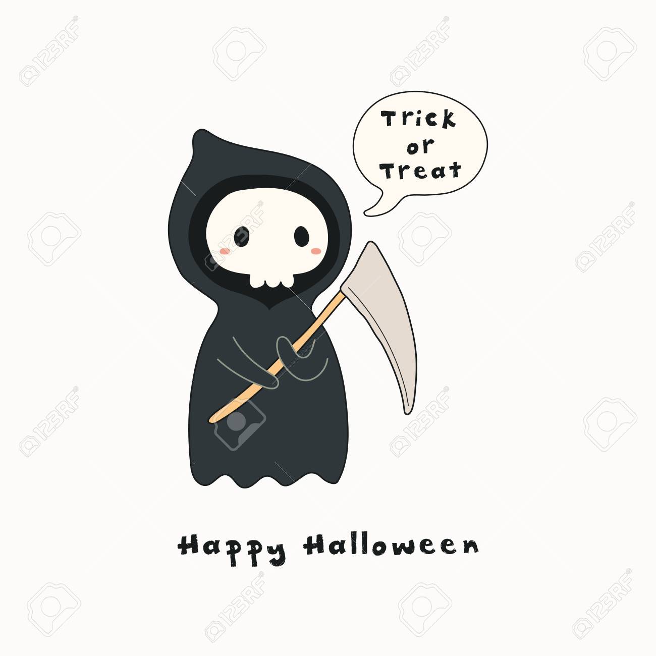 Hand Drawn Vector Illustration Of A Kawaii Funny Death, With Text Happy  Halloween, Trick Or Treat In A Speech Bubble. Isolated Objects. Line  Drawing. Design Concept For Print, Card, Party Invitation. Royalty, image size:1300x1300