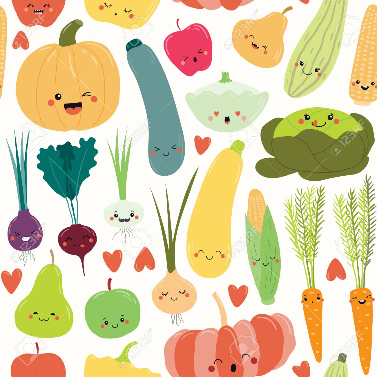 可愛い顔を持つかわいい面白い果物や野菜とシームレスなリピートパターン 手描きのベクトルイラスト フラットスタイルのデザイン 秋の収穫 織物プリント 壁紙 包装紙のコンセプト のイラスト素材 ベクタ Image