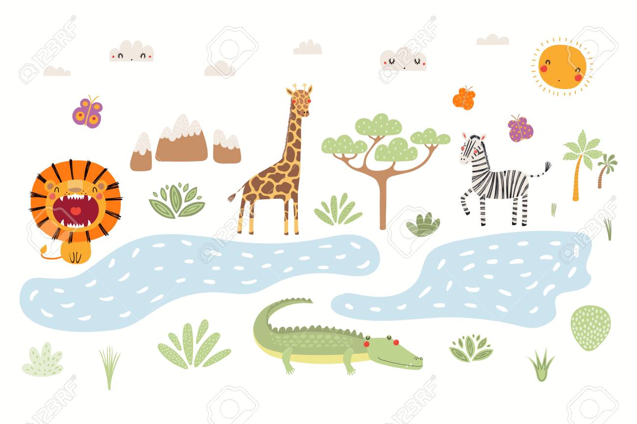 Hand drawn vector illustration of cute animals lion, zebra, crocodile, giraffe, African landscape. Isolated objects on white background. Scandinavian style flat design. Concept for children print. - 117371696 Hand drawn vector illustration of cute animals lion, zebra, crocodile, giraffe, African landscape. Isolated objects on white background. Scandinavian style flat design. Concept for children print. - 117371696