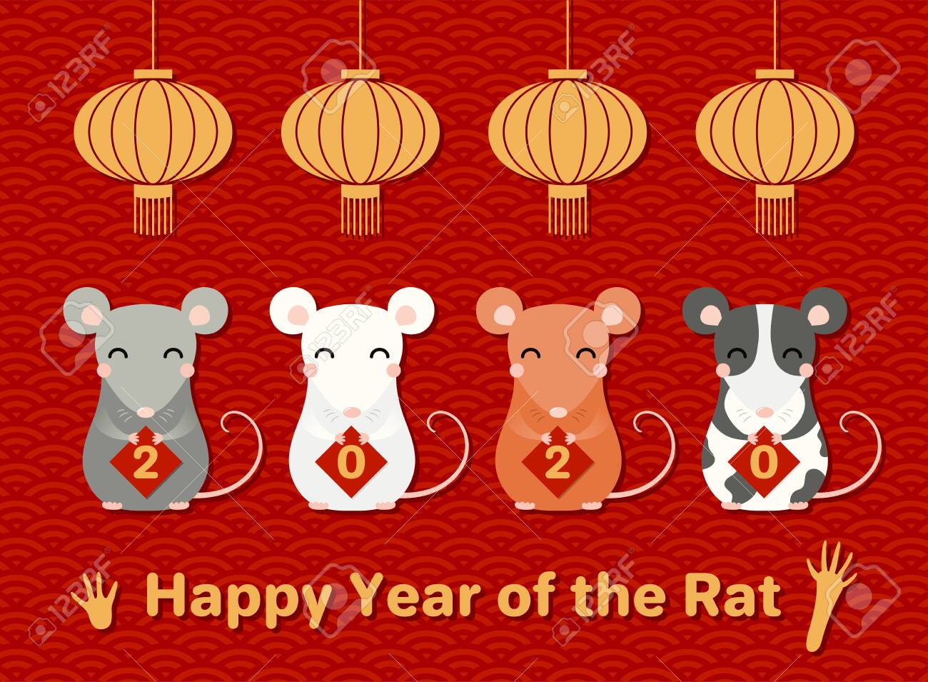 2020 Chinese New Year greeting card with cute rats holding cards with numbers, text, lanterns, on a waves pattern background. Vector illustration. Design concept holiday banner, decor element. - 124419827 2020 Chinese New Year greeting card with cute rats holding cards with numbers, text, lanterns, on a waves pattern background. Vector illustration. Design concept holiday banner, decor element. - 124419827