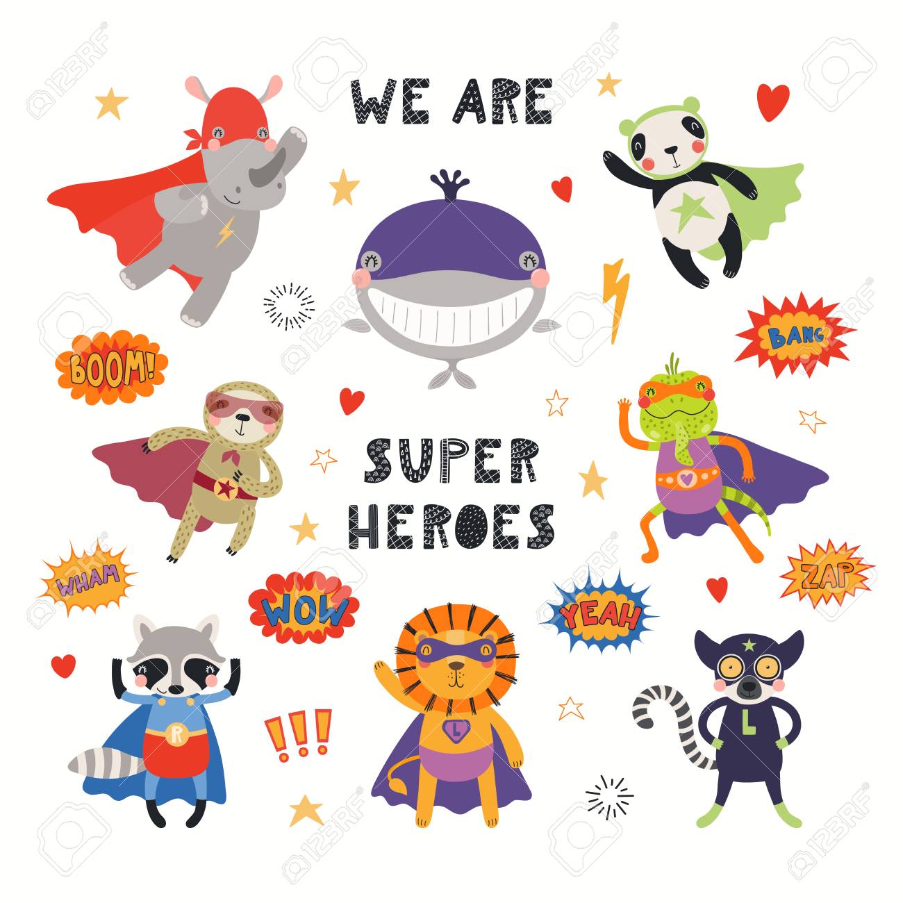 Big set of cute animal superheroes, with quote We are superheroes. Isolated objects on white background. Hand drawn vector illustration. Scandinavian style flat design. Concept for children print. - 120445424 Big set of cute animal superheroes, with quote We are superheroes. Isolated objects on white background. Hand drawn vector illustration. Scandinavian style flat design. Concept for children print. - 120445424