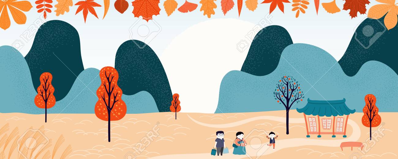 Ręcznie rysowana ilustracja wektorowa na koreańskie wakacje chuseok, z krajobrazem kraju, rodziną odwiedzającą dziadków, hanok, drzewami, pełnią księżyca. płaski styl. koncepcja kartki świątecznej, plakatu, banera. - 128182808 Ręcznie rysowana ilustracja wektorowa na koreańskie wakacje chuseok, z krajobrazem kraju, rodziną odwiedzającą dziadków, hanok, drzewami, pełnią księżyca. płaski styl. koncepcja kartki świątecznej, plakatu, banera. - 128182808