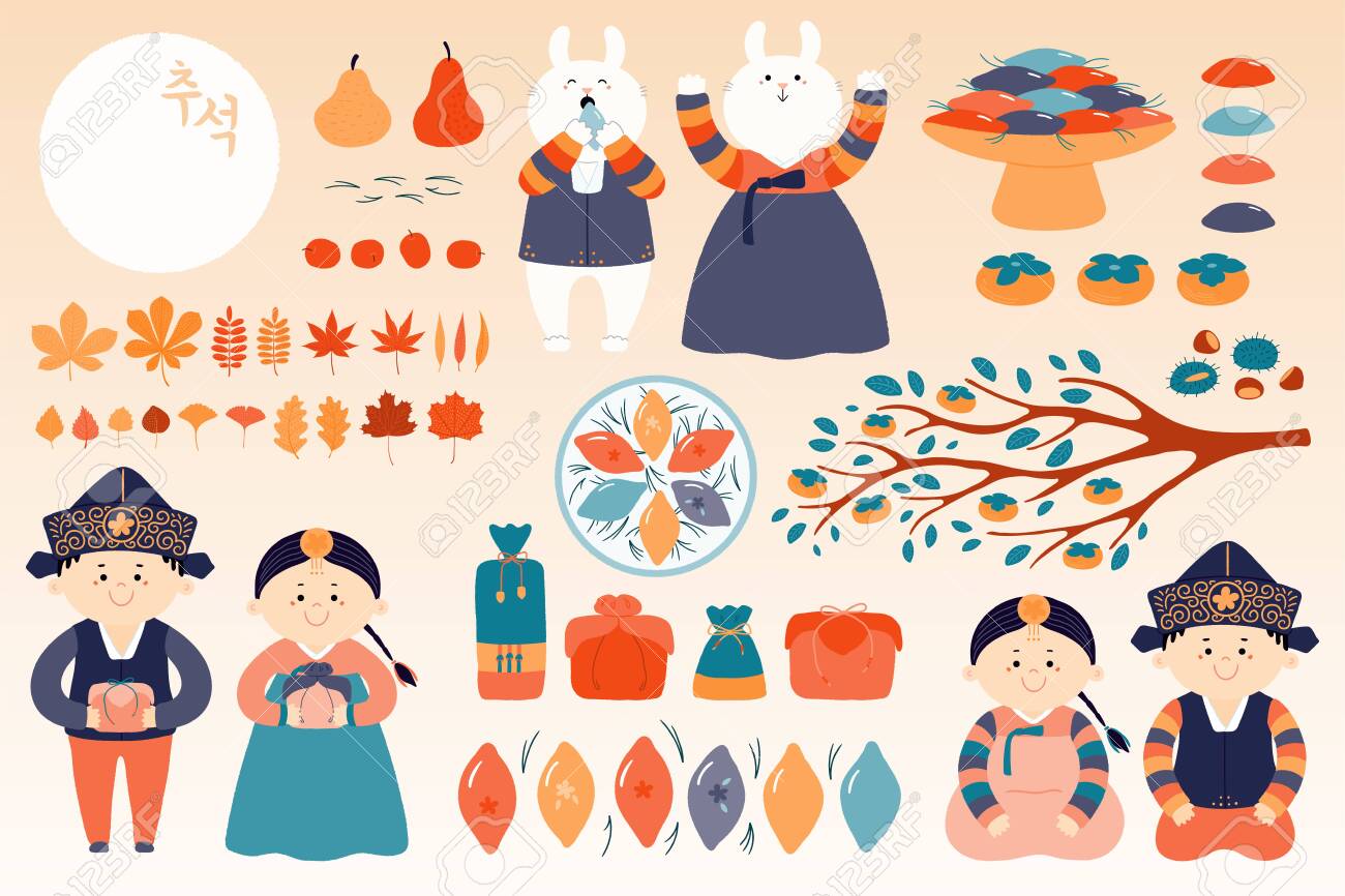 中秋のデザイン要素のセット 子供 ウサギ 月 休日の贈り物 柿 月餅 栗 ジューベ 葉 韓国語チュセクの手描きベクトルイラスト フラットスタイル分離 のイラスト素材 ベクタ Image
