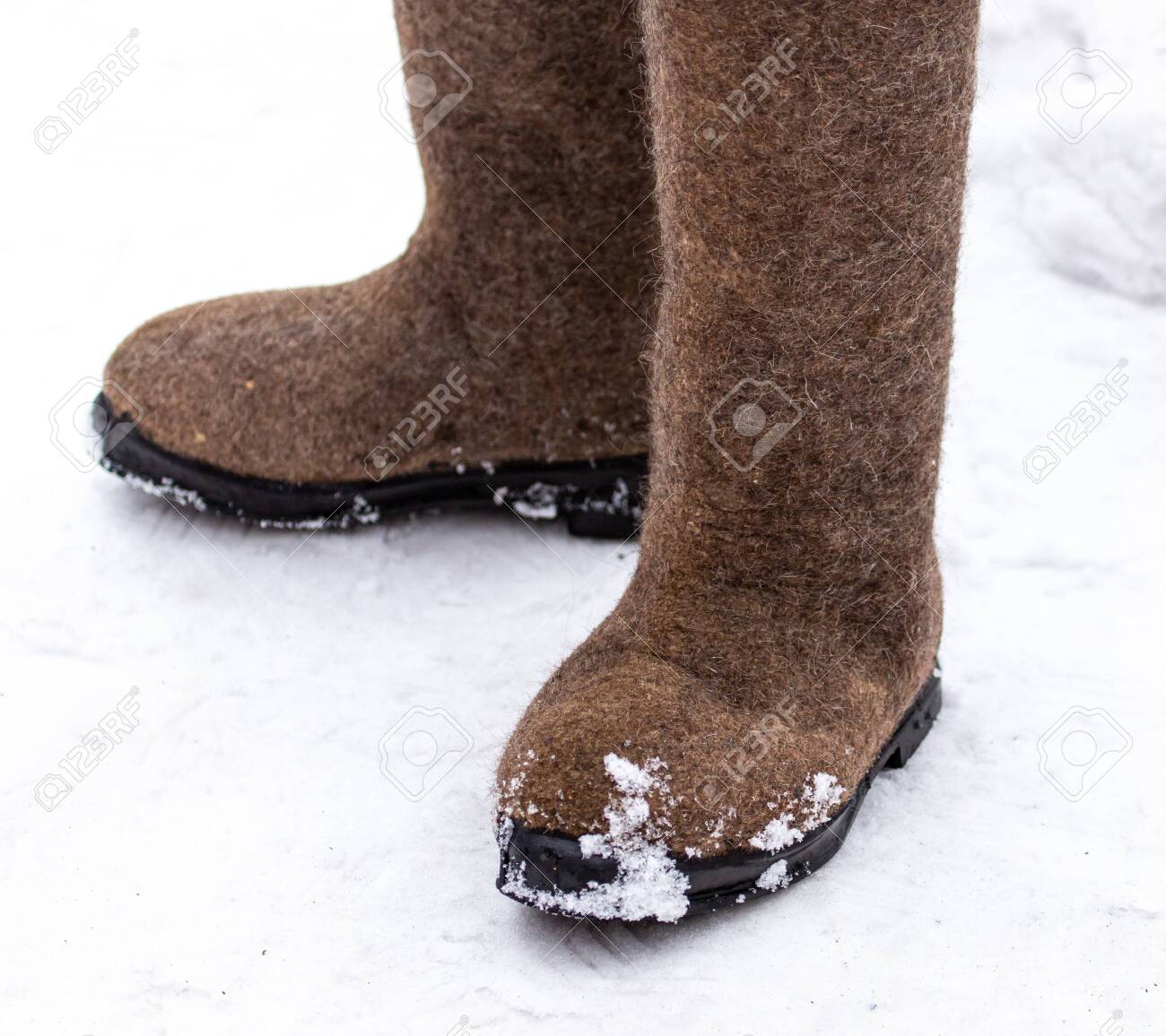 Felt Boots In The Winter. Stock Photo 