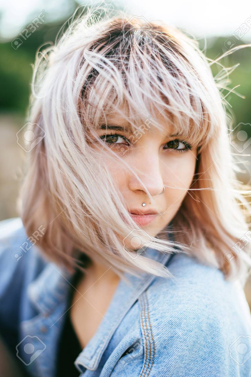 Beautiful Stylish Girl Portrait Windy Hair And Amazing Eyes Stock