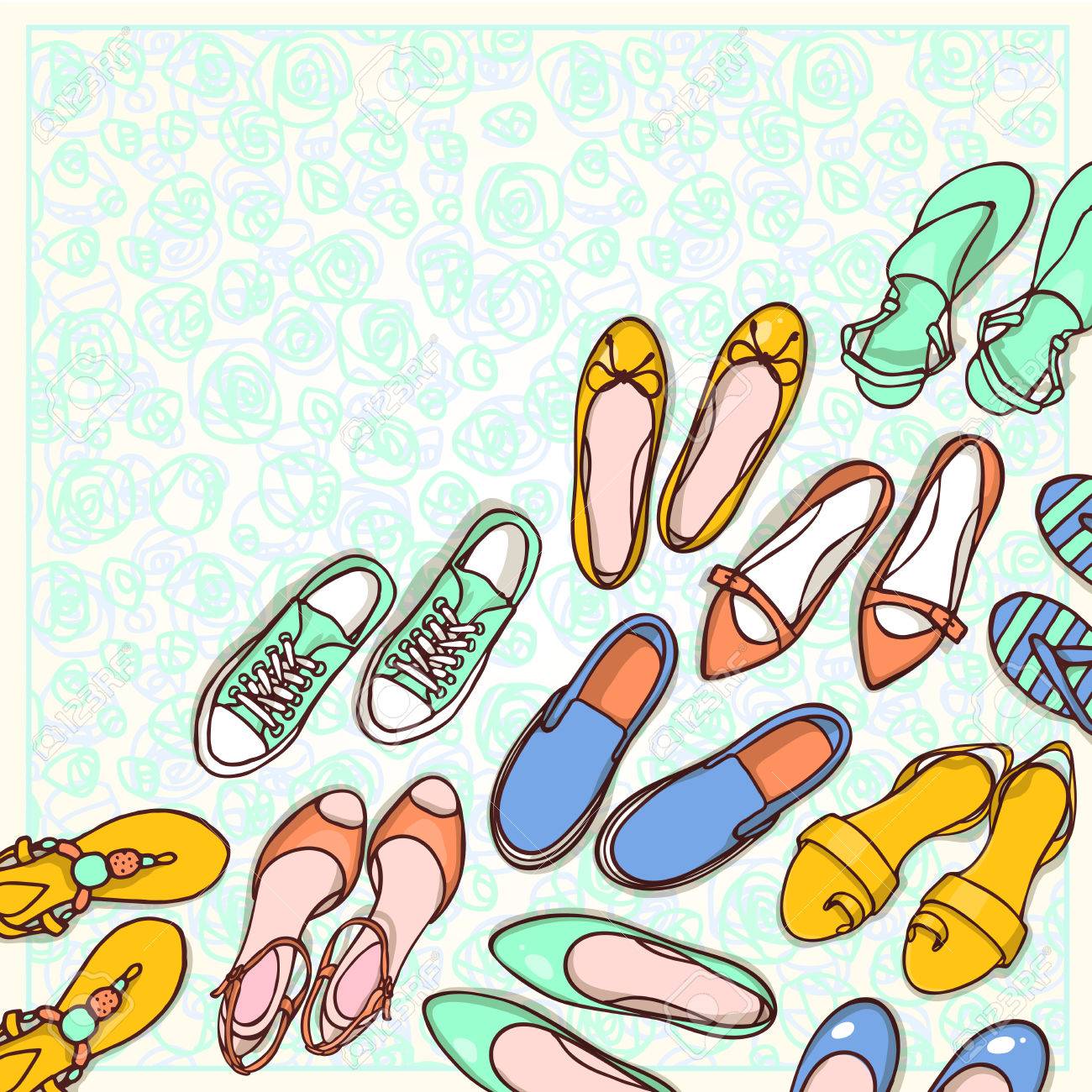 hand drawn flyers template for shoes shop doodle background shoes store flyers